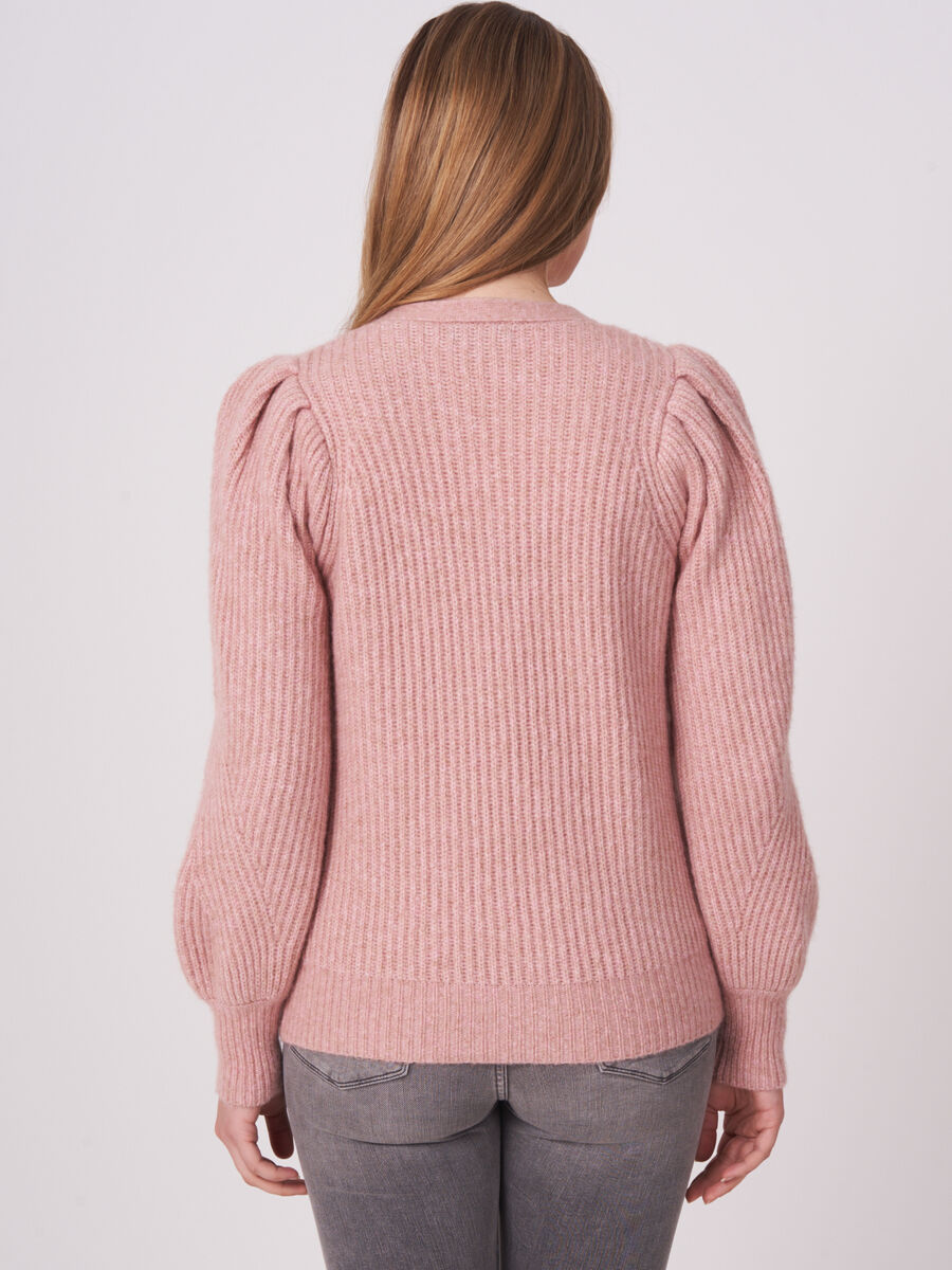 Buttoned rib knit cardigan with puff sleeves image number 1