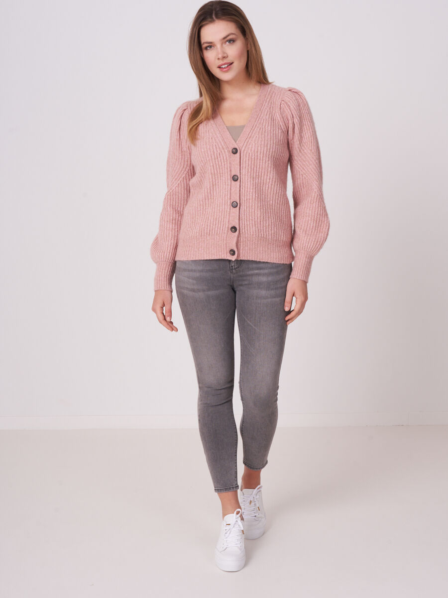 Buttoned rib knit cardigan with puff sleeves image number 3