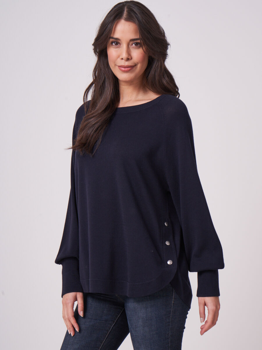 Cotton blend sweater with side buttons and round hem image number 0