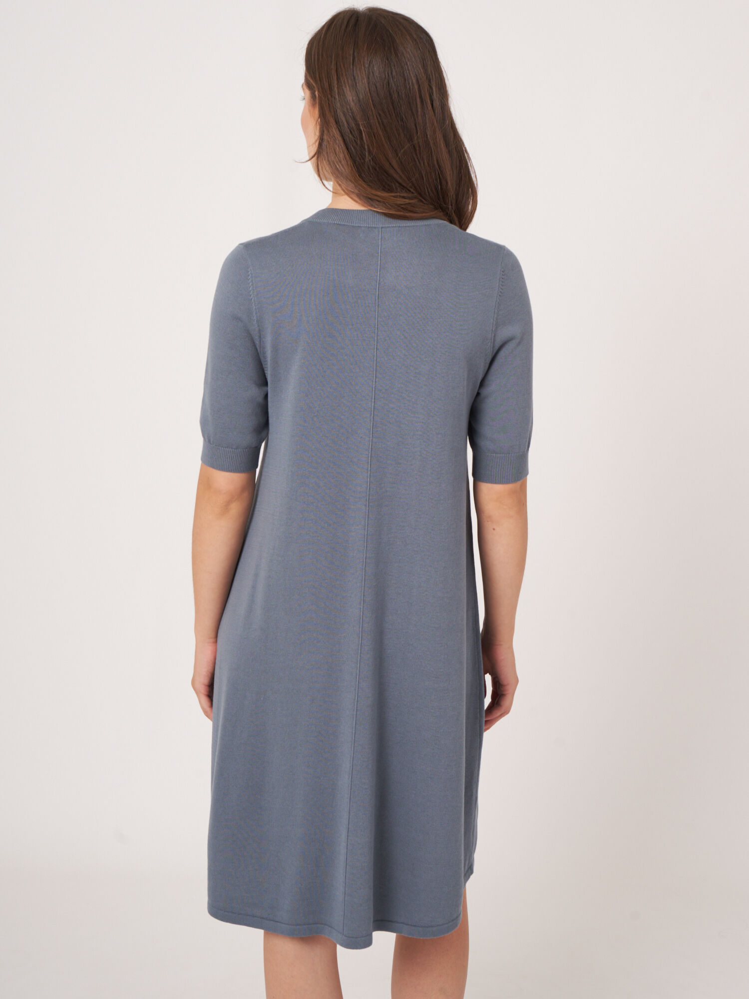 Cotton blend knitted dress with slit neckline