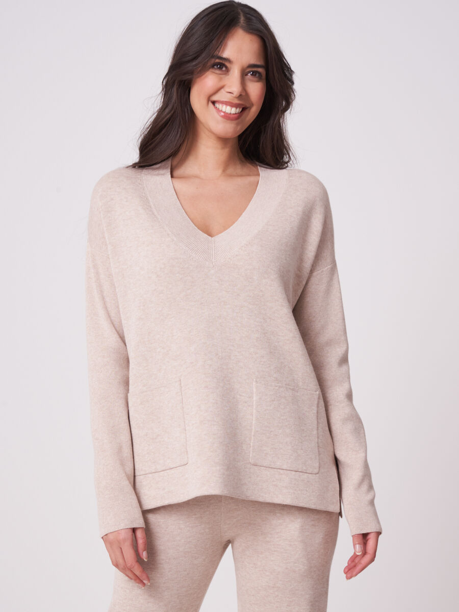 Cotton blend sweater with ribbed sleeves and pockets image number 0
