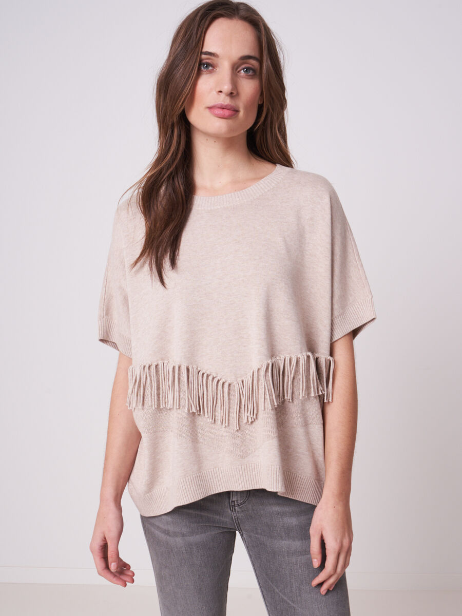 Cotton blend poncho sweater with fringes on the front image number 0