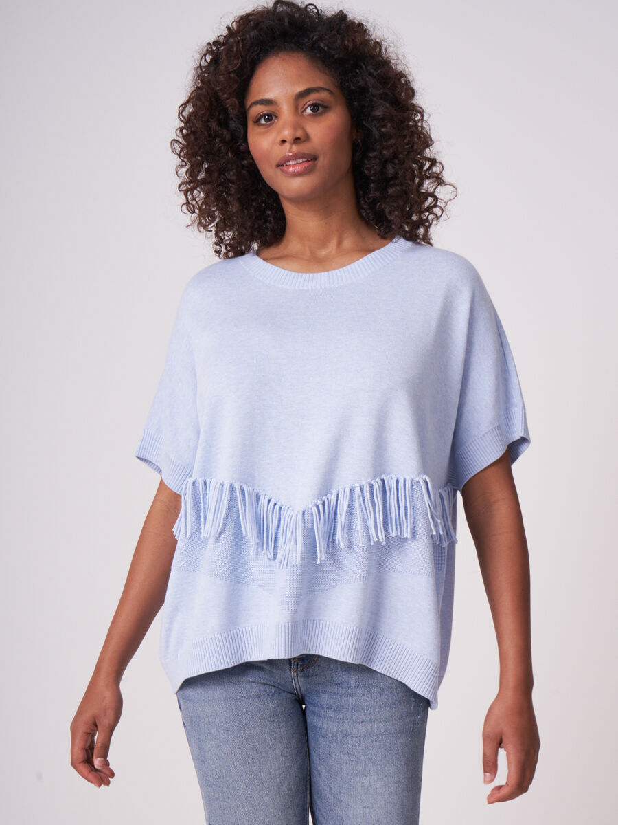 Cotton blend poncho sweater with fringes on the front image number 0