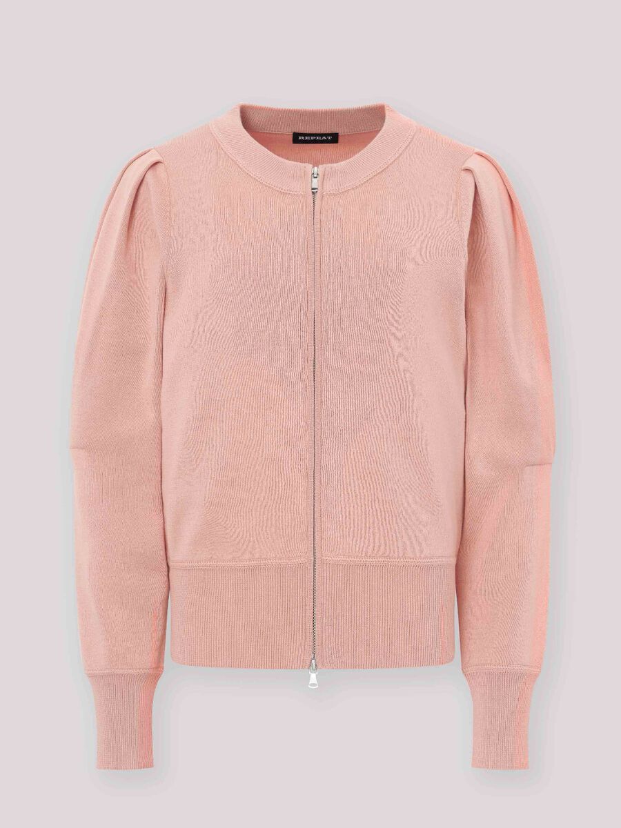 Pure cotton zip cardigan with puff shoulders image number 0