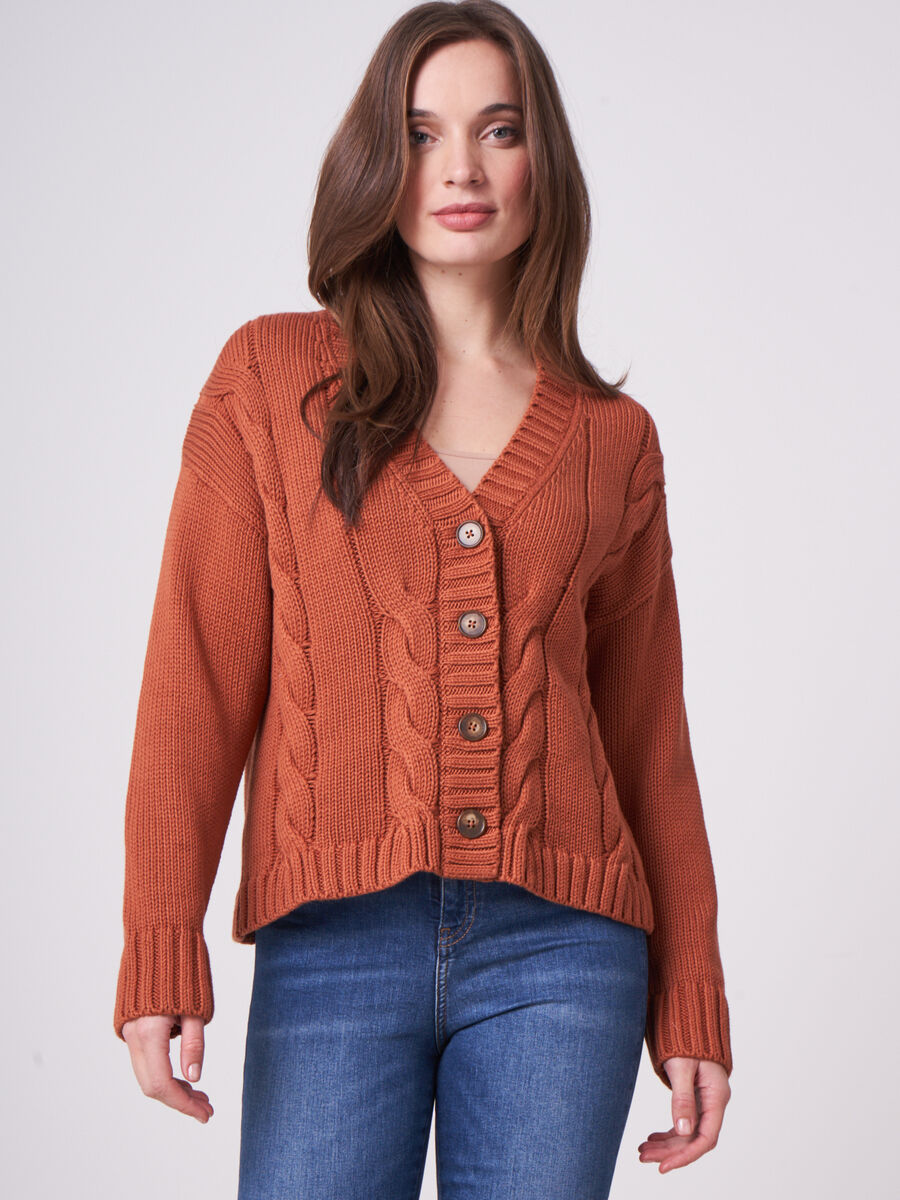 Pure cotton chunky cable knit cardigan image number 0