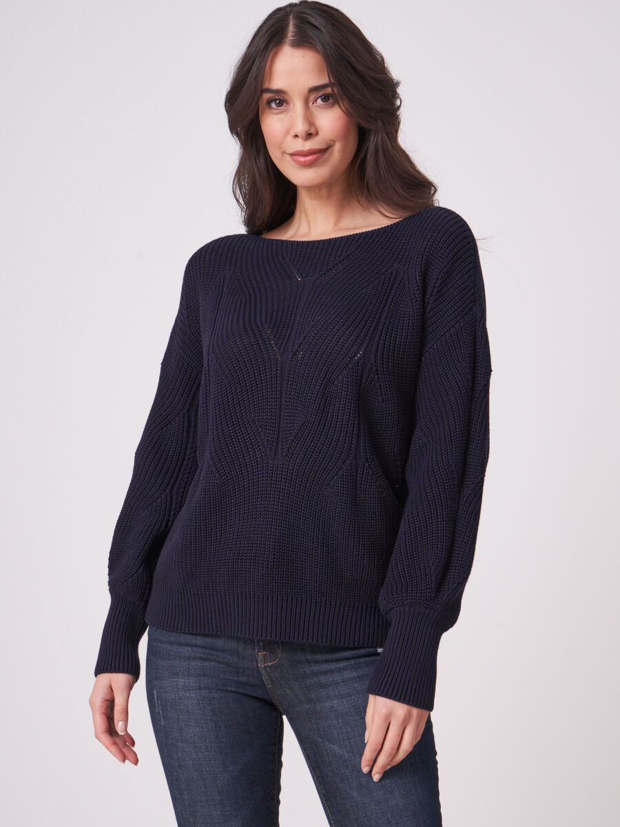 Cotton rib knit sweater with boat neckline image number 0