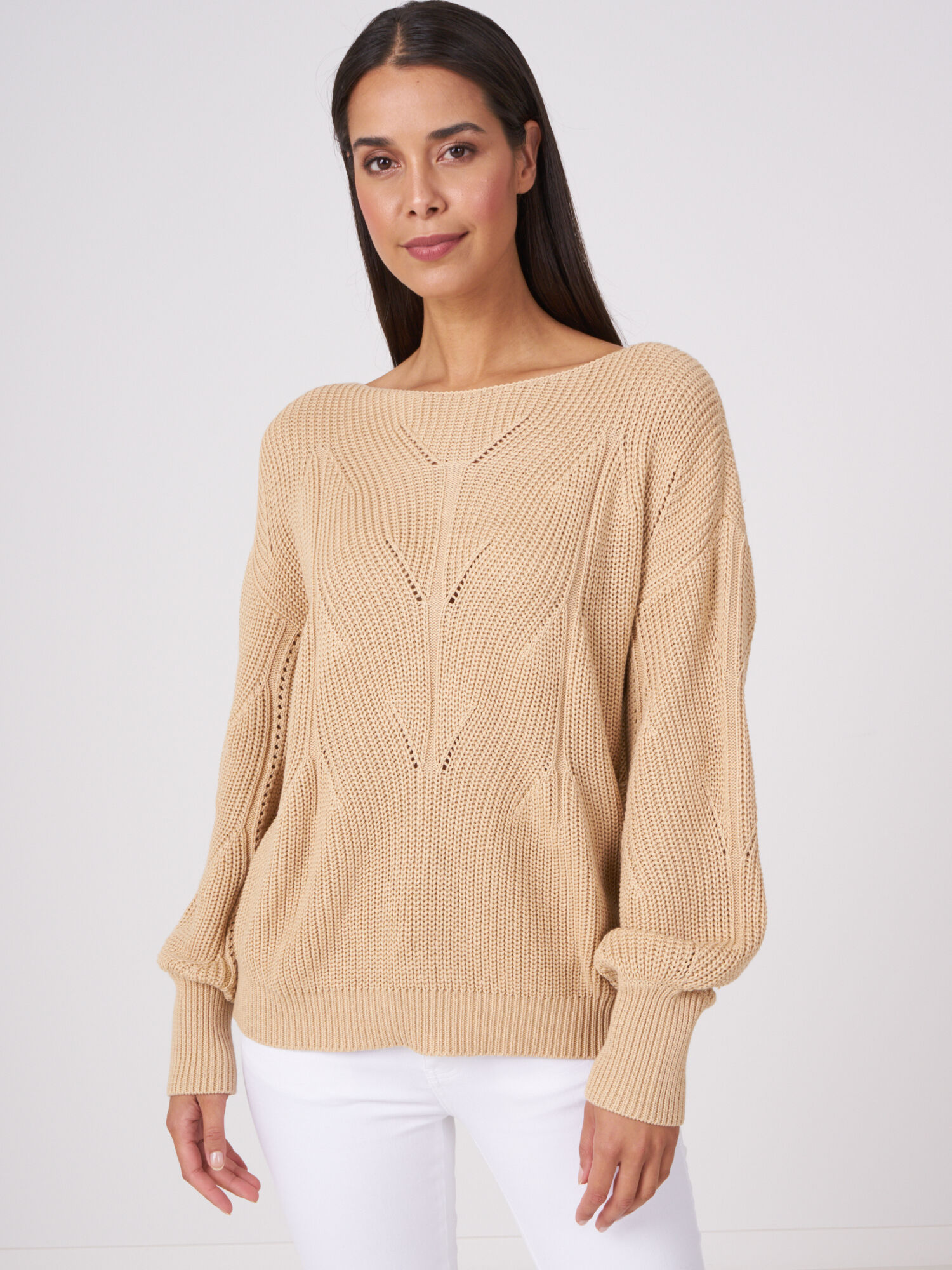 Cotton rib knit sweater with boat neckline