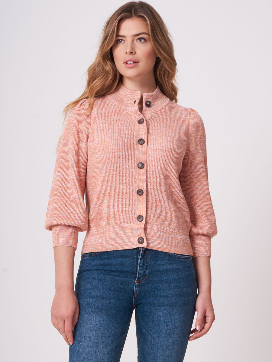 Two tone cotton silk blend knit cardigan with 3/4 puff sleeves image number 0