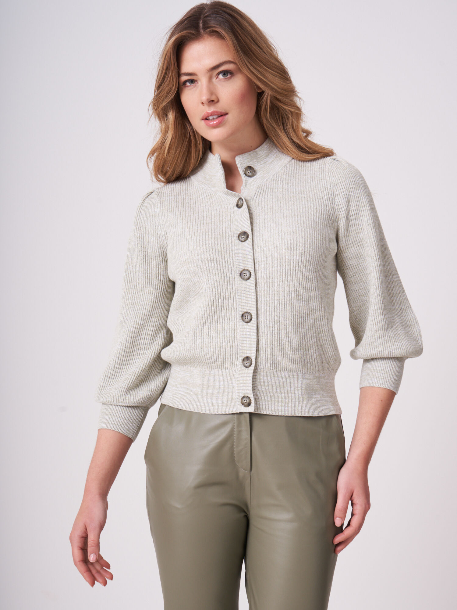 Two tone cotton silk blend knit cardigan with 3/4 puff sleeves