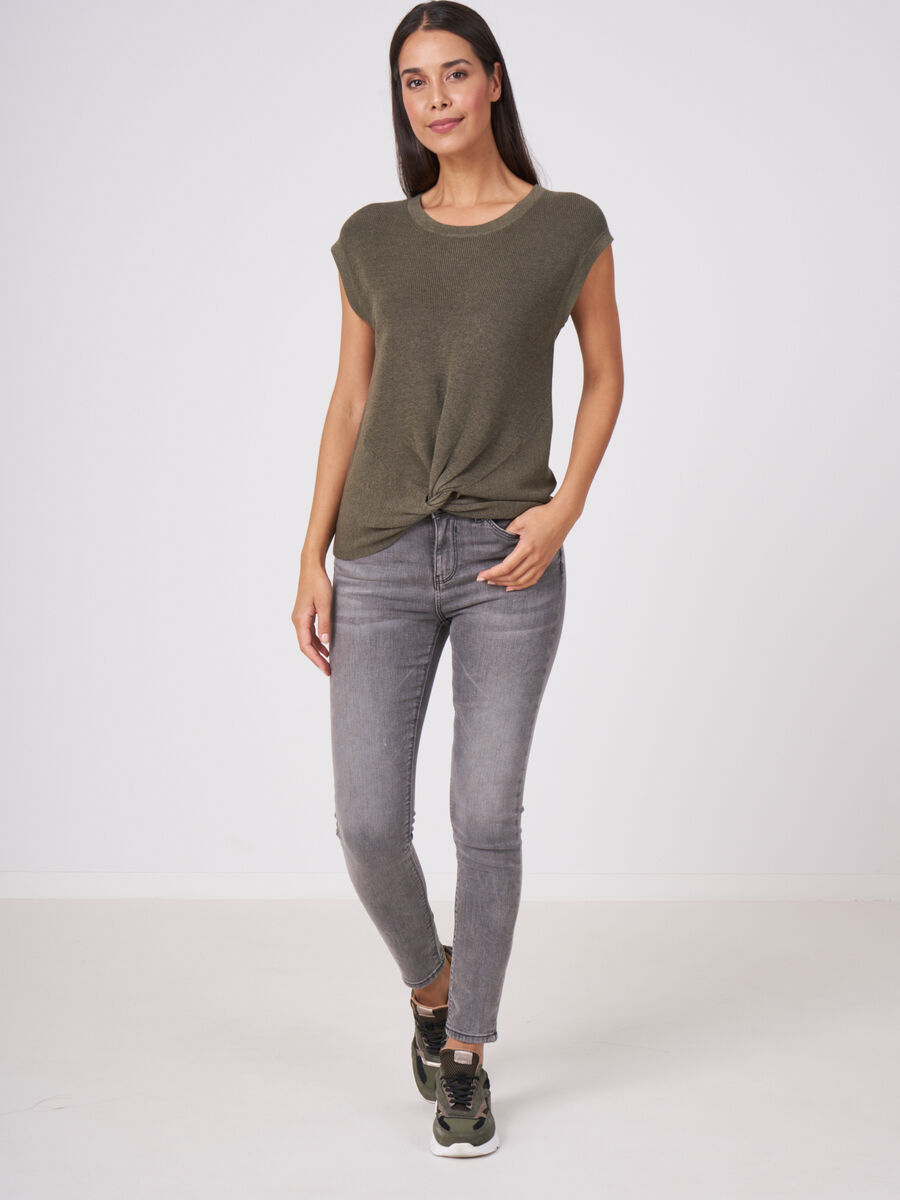 Cotton linen blend short sleeve rib knit sweater image number 4