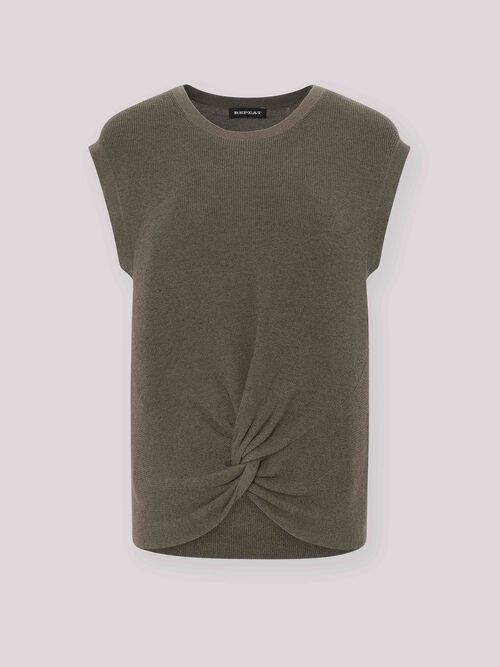 Cotton linen blend short sleeve rib knit sweater