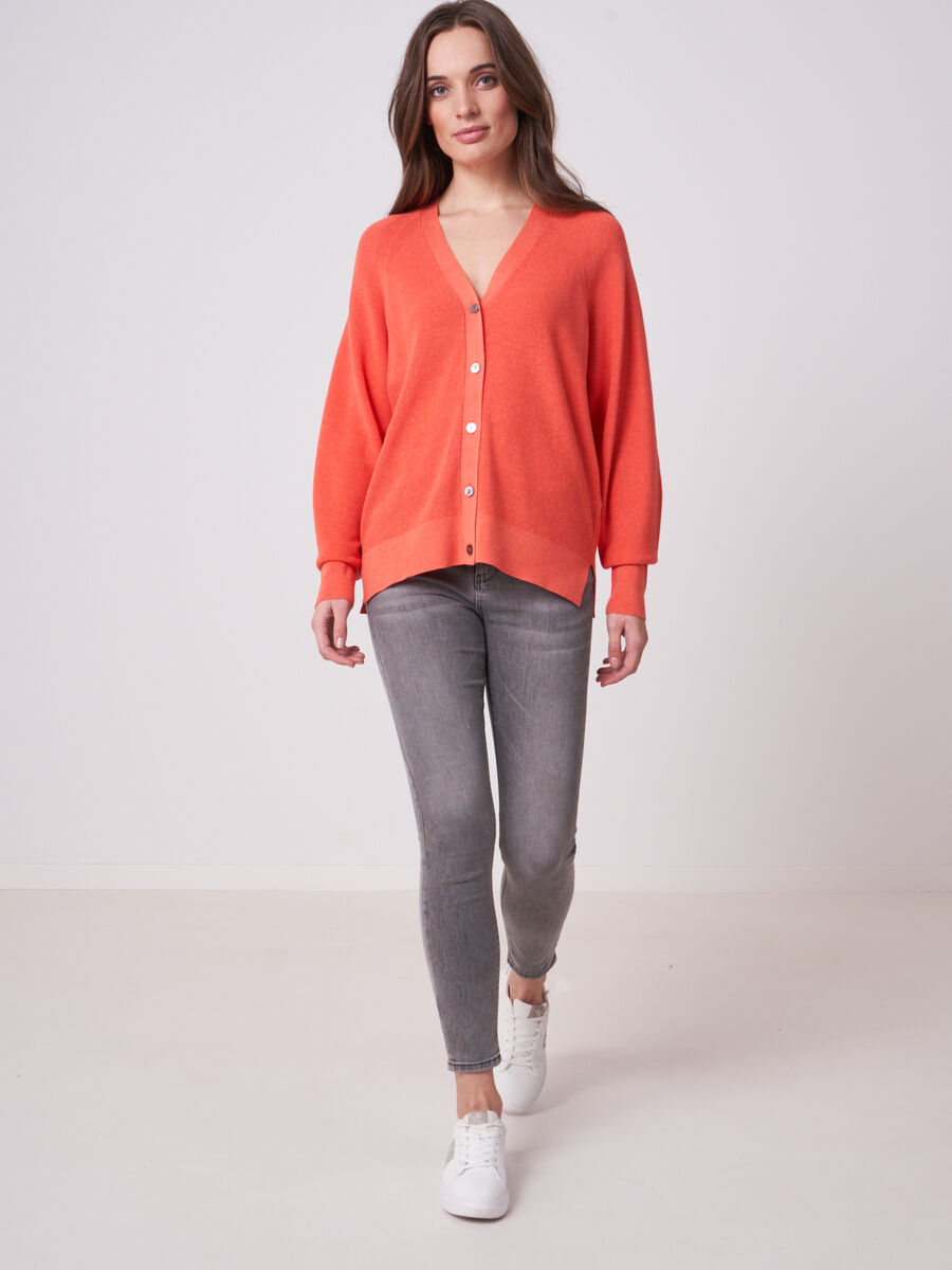 Cotton linen blend rib knit cardigan image number 3