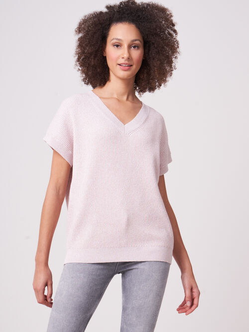 Cotton cashmere blend short sleeve sweater with mini sequins