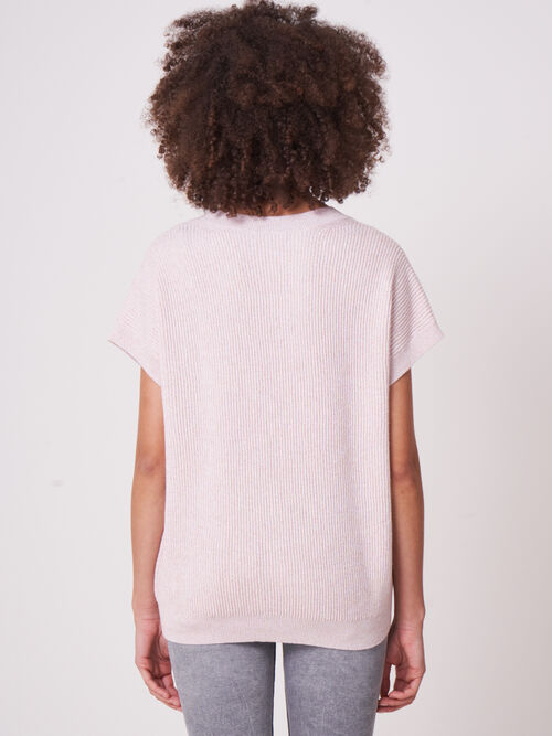 Cotton cashmere blend short sleeve sweater with mini sequins