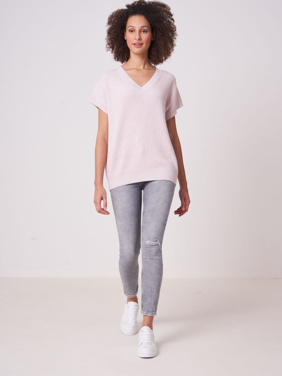 Cotton cashmere blend short sleeve sweater with mini sequins image number 3