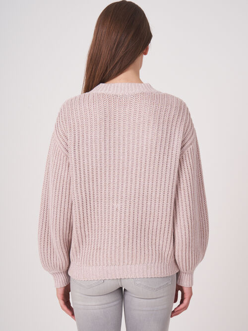 Shiny chunky rib knit sweater made of Italian fancy yarn