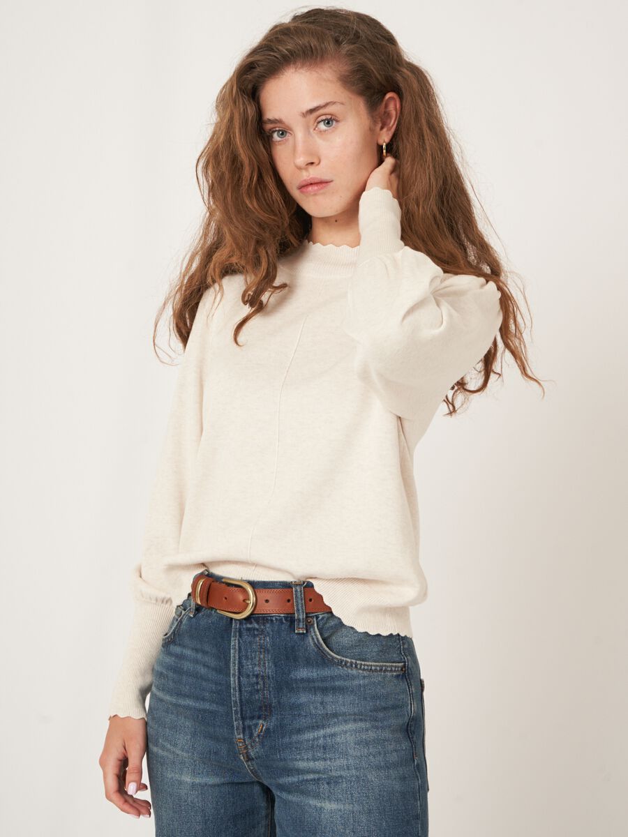 Cotton blend sweater with puff sleeves and scalloped hem image number 0