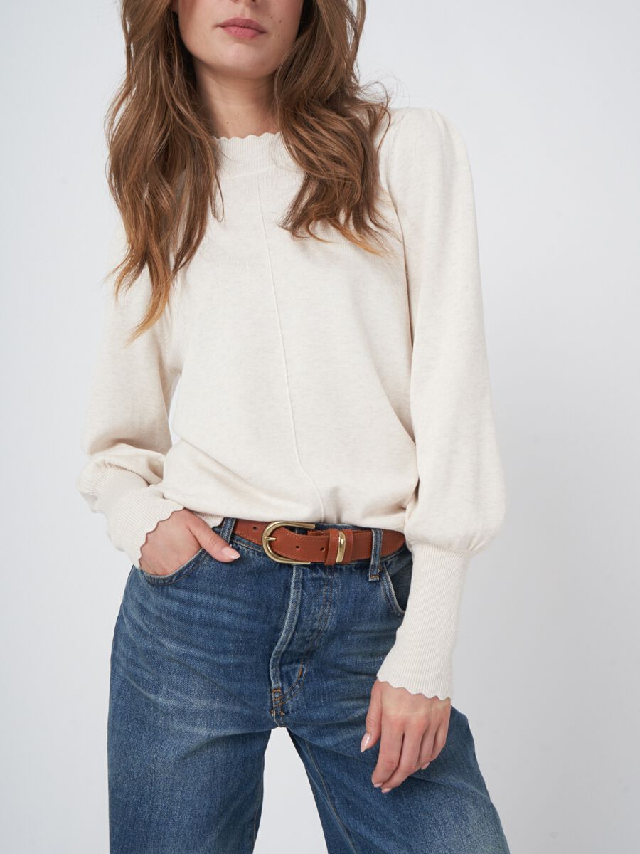 Cotton blend sweater with puff sleeves and scalloped hem image number 1