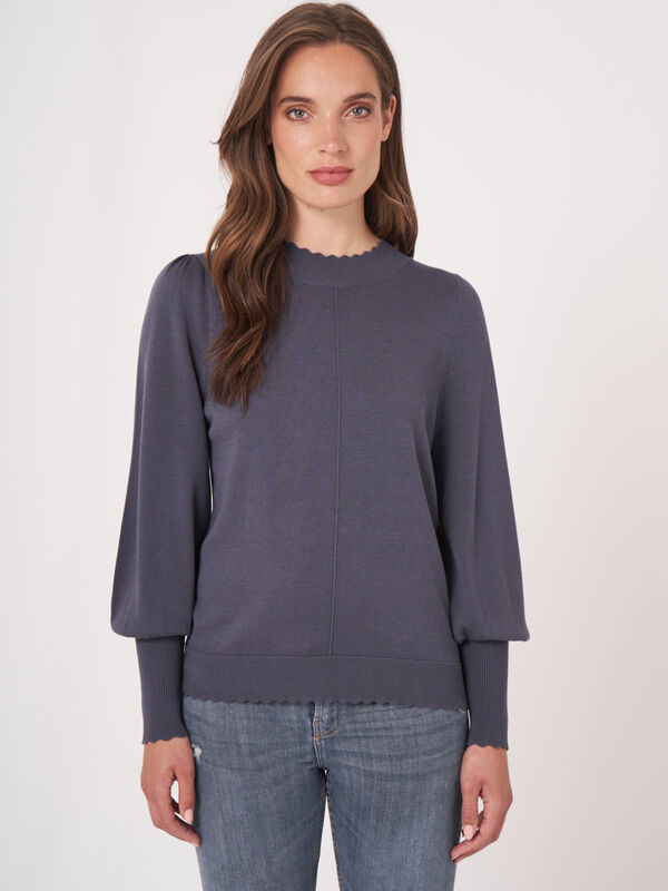 Cotton blend sweater with puff sleeves and scalloped hem