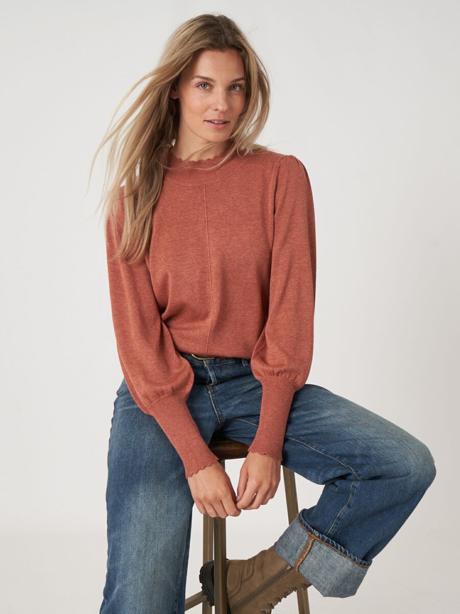 Cotton blend sweater with puff sleeves and scalloped hem image number 0