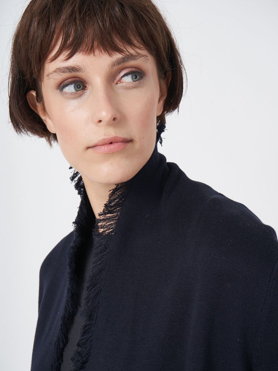 Cotton blend open cardigan with fringe shawl collar image number 2