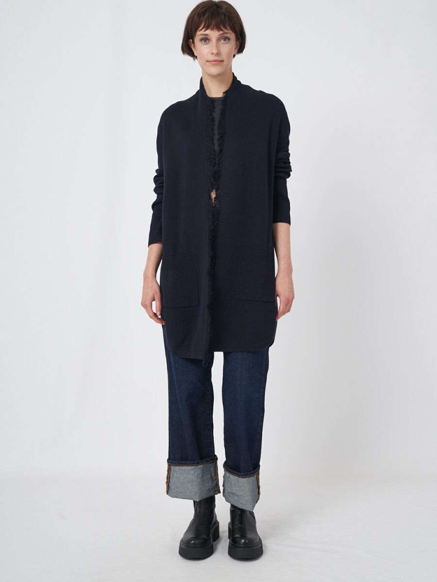 Cotton blend open cardigan with fringe shawl collar image number 4