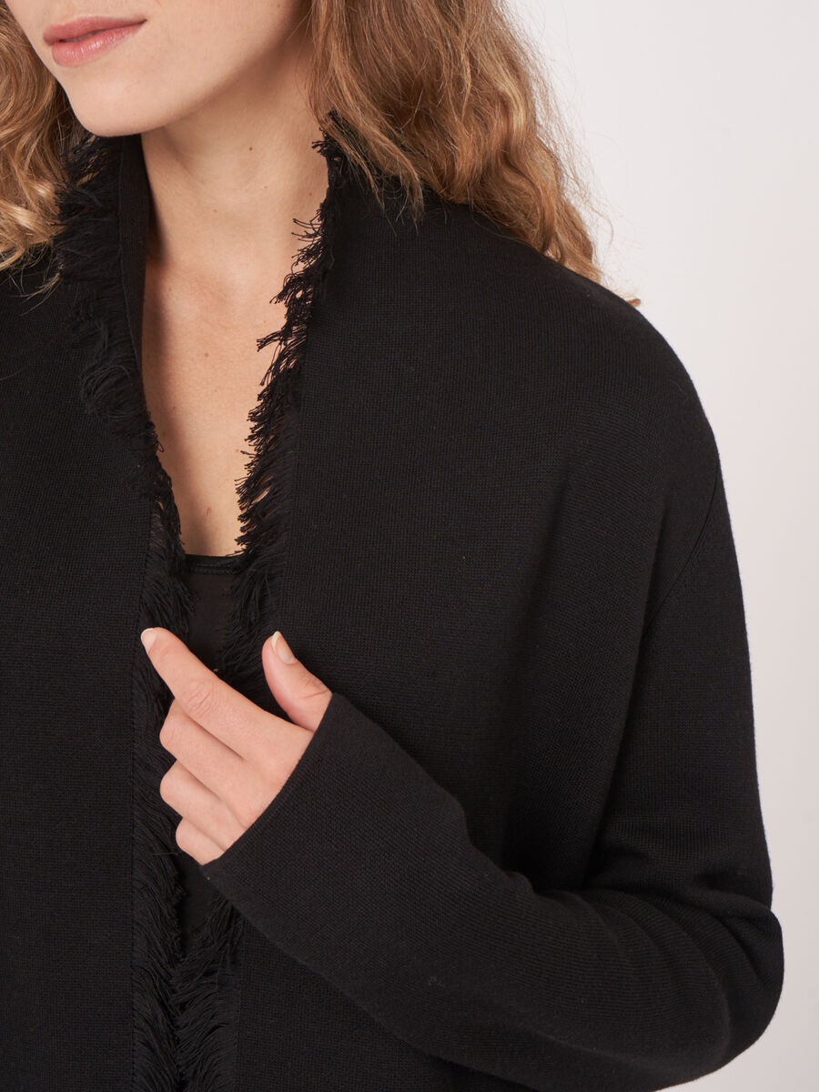 Cotton blend open cardigan with fringe shawl collar image number 13
