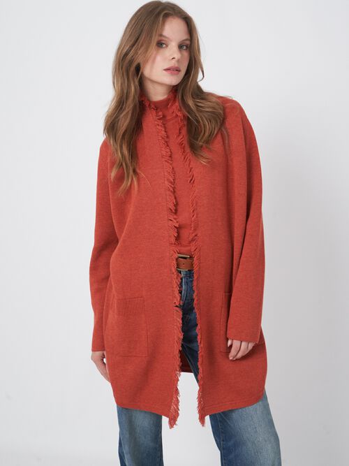Cotton blend open cardigan with fringe shawl collar