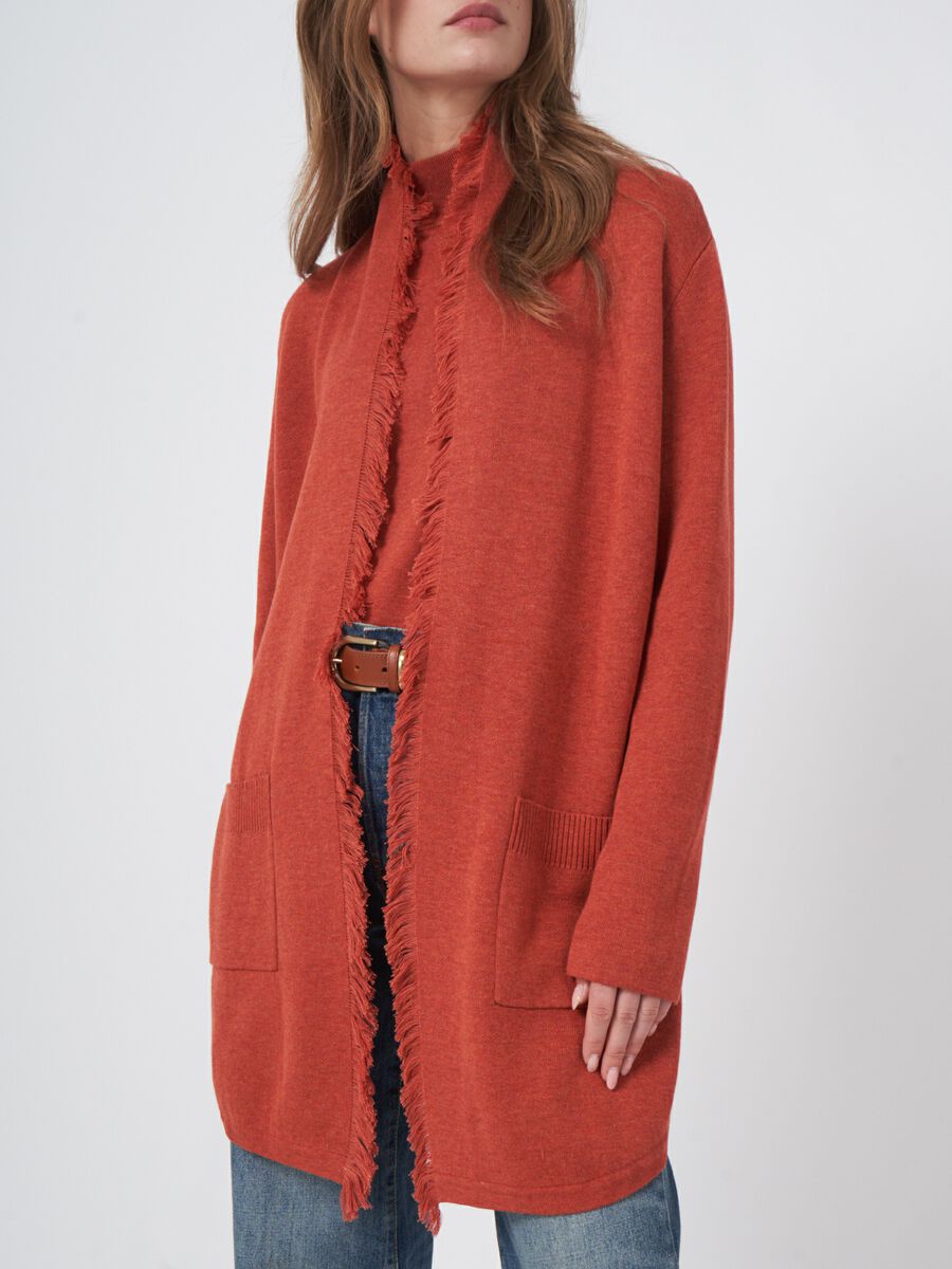 Cotton blend open cardigan with fringe shawl collar image number 7