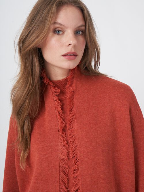 Cotton blend open cardigan with fringe shawl collar