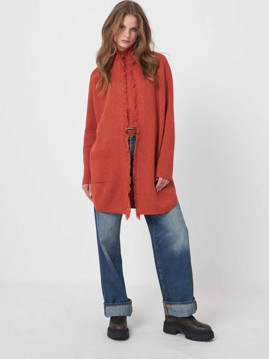 Cotton blend open cardigan with fringe shawl collar image number 10