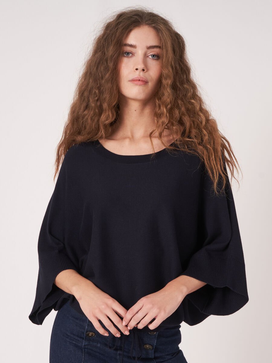 Cotton blend poncho sweater with drawstring image number 0