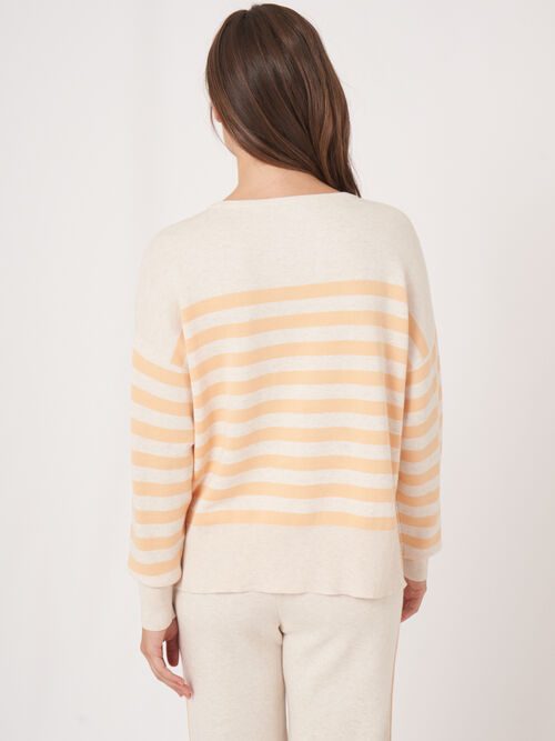Double knit cotton blend sweater with stripes