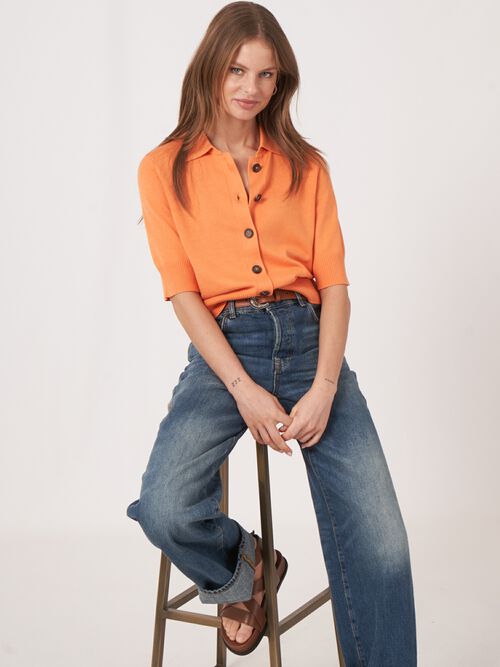 Short sleeve knitted cardigan with polo neck