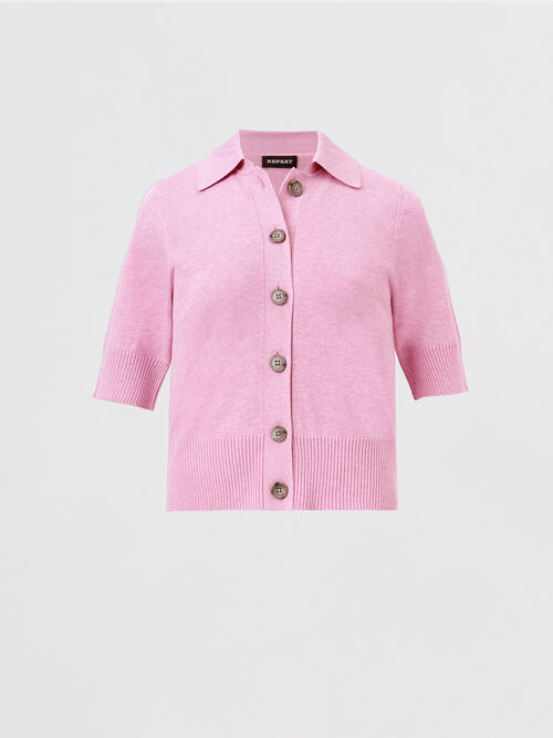 Short sleeve knitted cardigan with polo neck