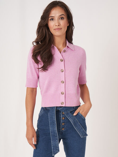Short sleeve knitted cardigan with polo neck
