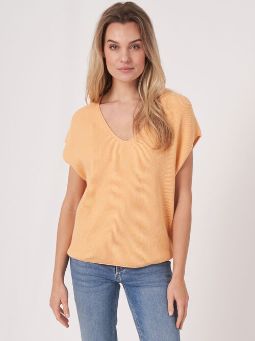 Cashmere cotton blend V-neck knitted top 