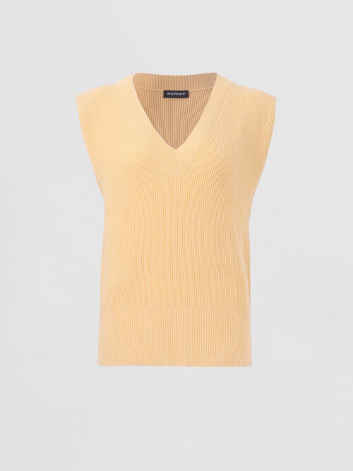 Cashmere cotton blend knitted sleeveless top with deep V-neck 