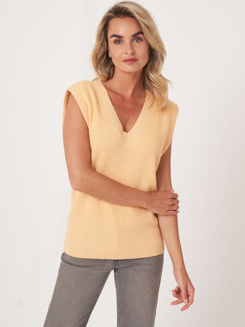 Cashmere cotton blend knitted sleeveless top with deep V-neck 