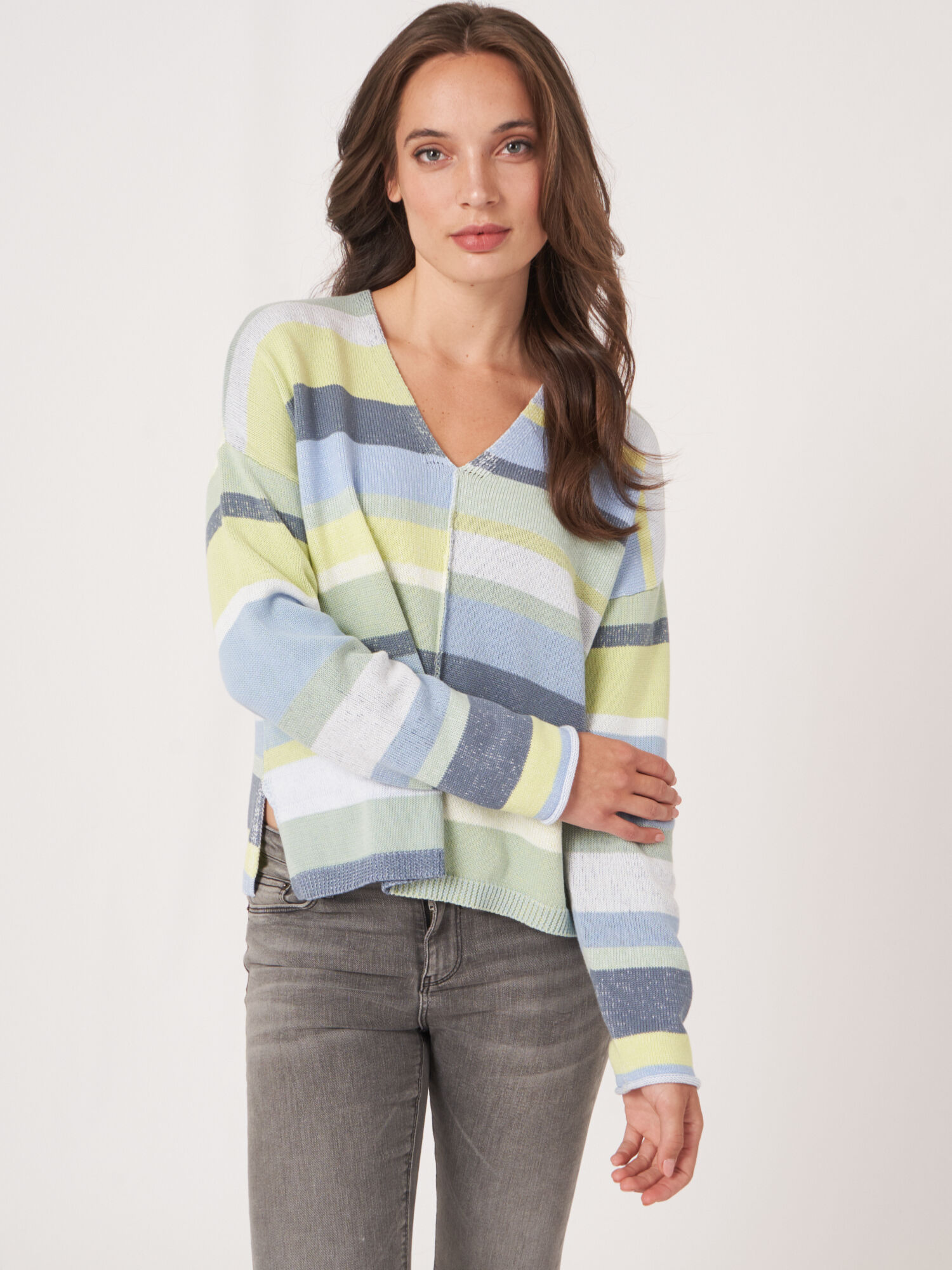 Knitted cotton sweater with multicolor stripes