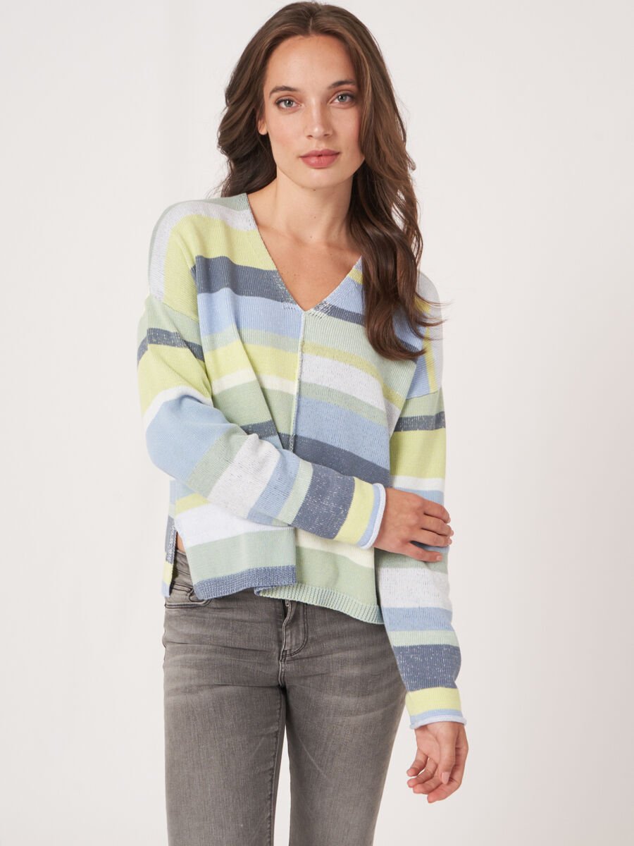 Knitted cotton sweater with multicolor stripes image number 0