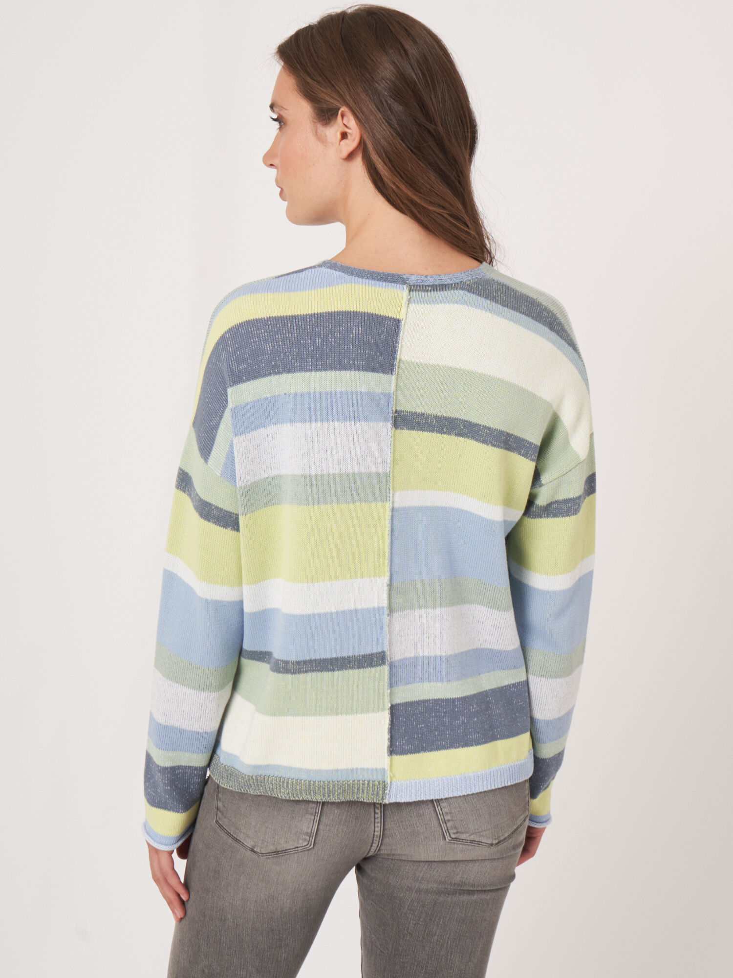 Knitted cotton sweater with multicolor stripes