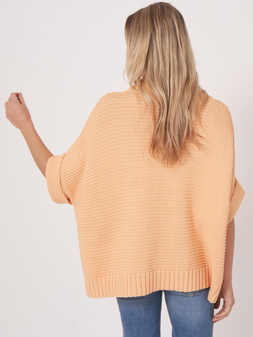 Katoenen poncho met rits en gebreide ribstructuur
