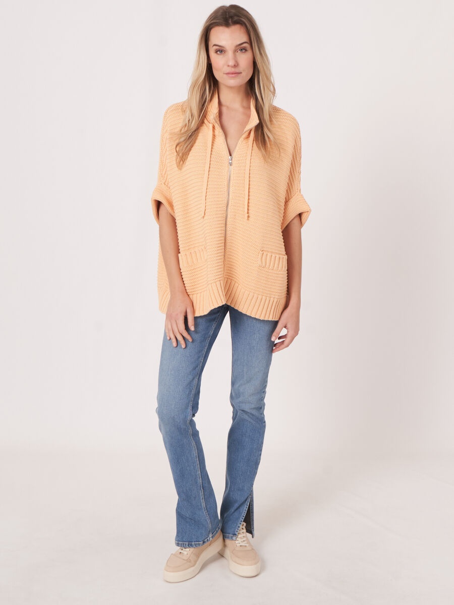 Knitted cotton poncho with zip and chunky rib texture image number 5