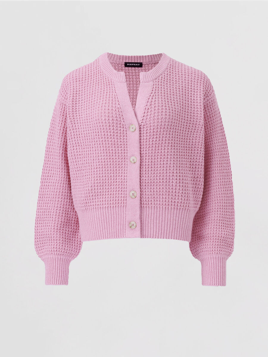 Chunky rib knit cardigan with puff sleeves image number 0