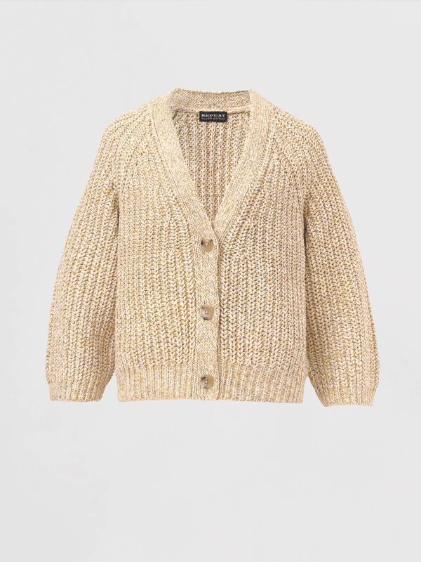 Two tone cotton blend chunky rib knit cardigan image number 0