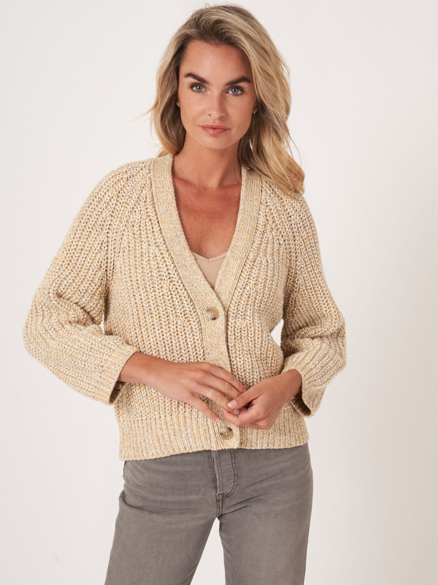 Two tone cotton blend chunky rib knit cardigan