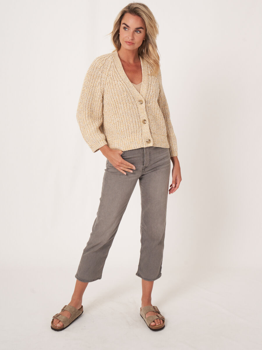 Two tone cotton blend chunky rib knit cardigan image number 6