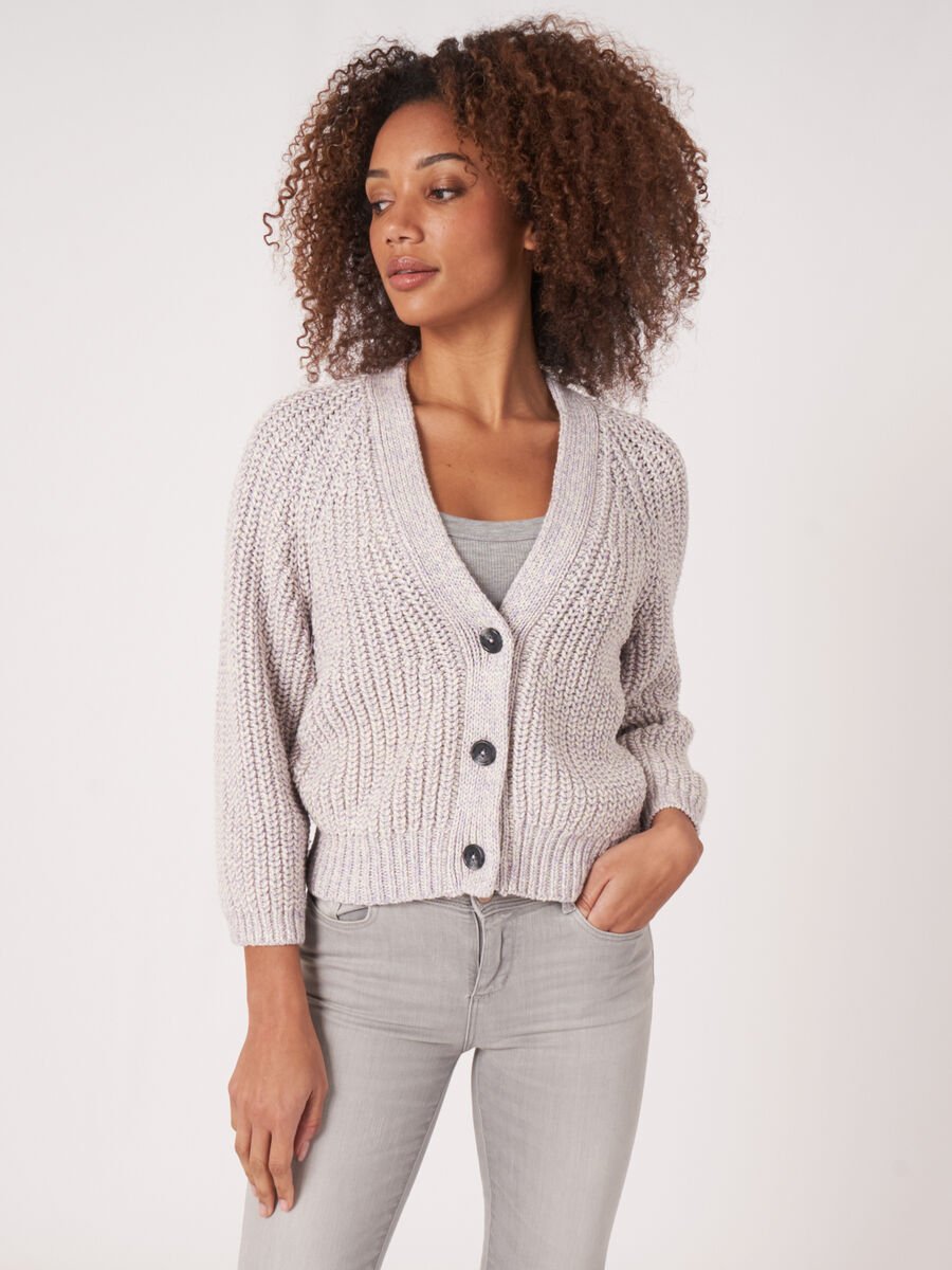 Two tone cotton blend chunky rib knit cardigan image number 0