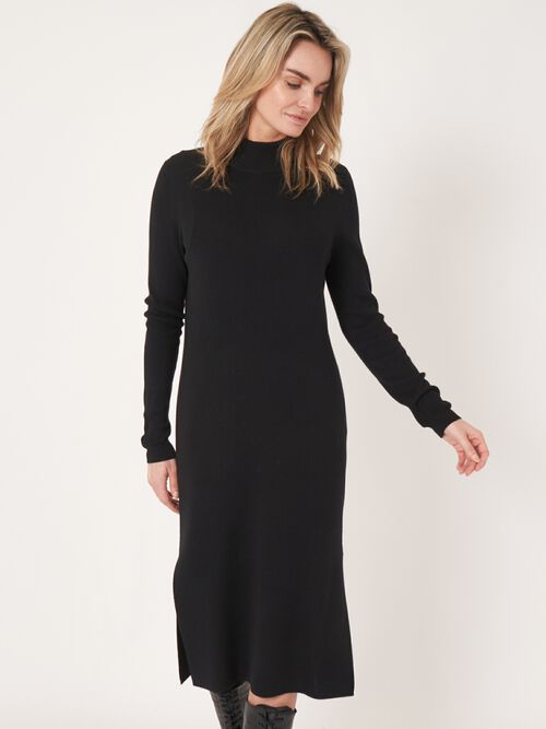 Super fine rib knit dress with stand collar